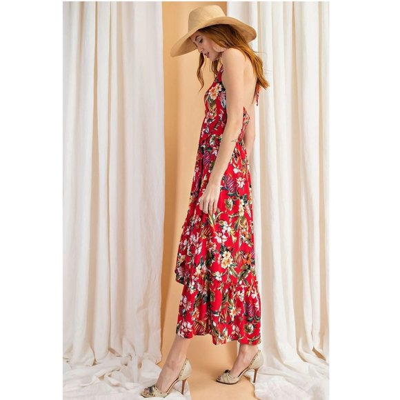 Red Floral Maxi Halter Dress Hi-Lo Open Back Summer Maxi - Ruffle Hem - By Easel - Picture 6 of 9